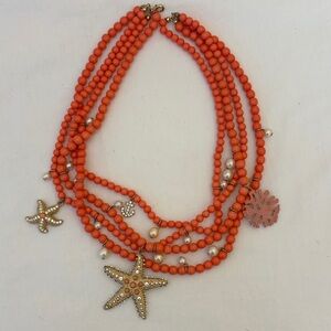 Charming Charlie Multi Strand Salmon Beaded Golden Starfish Necklace Rhinestone
